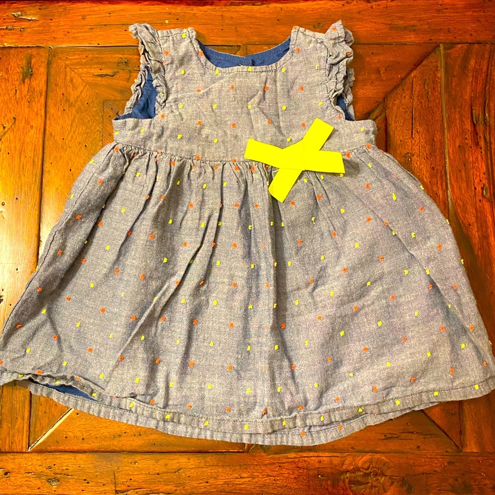 Denim Blue w/ Neon Color Detail Linen Baby Girl Sleeveless Dress, Size 12 Mon
